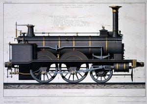 Stoomlocomotief van de Mulhouse Spoorweg - tekening in de was