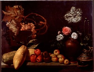 Stilleven met rozen, struikbloemen, citroenen en druiven