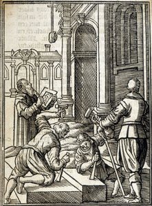 Steenhouwers aan het werk bij de bouw van een kathedraal - gravure door Unknown artist