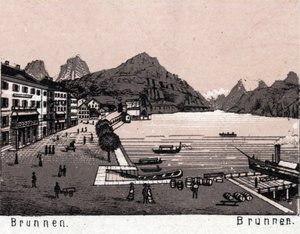 Zwitserland: uitzicht op de stad Brunnen. Uit 