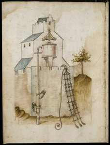 Systemen voor het beklimmen van muren - Manuscript: perkamentblad van een ingenieurshandboek voor de bouw van civiele, religieuze en militaire gebouwen, anoniem, eind 15e eeuw (figuur in Chinese inkt)