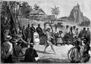 Tahiti: Thaise dansen in Papeete, voor het hof van koning Pomare V door Unknown artist