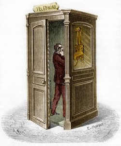 Telefooncel in 1888. Gravure in 