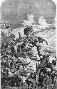 De 75-jarige veteraan John Talot leidde een expeditie van 3000 man, die op 17 oktober 1452 in Guyenne landde. Gravure die Talbots dood in de strijd voorstelt door Unknown artist