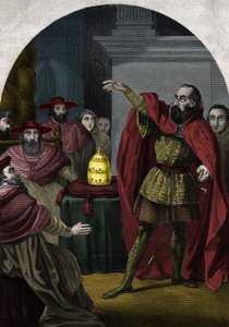 De tegenpaus Johannes XXIII (Antipapa Giovanni 23) (1410-1415) (Baldassarre Cossa) werd in 1410 door het Concilie van Pisa uitgeroepen tot soevereine paus. Gravure uit 1842 in 