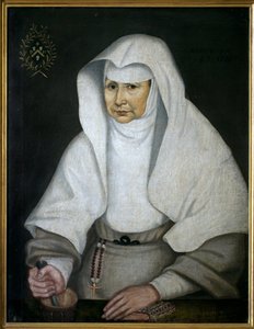 De apothekeres zuster Pierrette Monnet (1557-1628), van het Hotel Dieu de Beaune. Afgebeeld met een vijzel en stamper in haar hand. Anoniem schilderij, olieverf op doek.