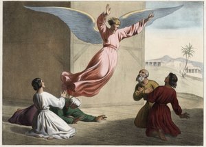 De aartsengel Rafaël verlaat de familie Tobie. Anonieme gravure uit het midden van de 19e eeuw