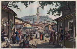 De bazaarmarkt van Athene in het begin van de 19e eeuw - gravure uit 