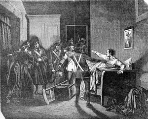 De Oostenrijks-Hongaarse politie arresteerde een carbonaro (carboneria, kolenindustrie), een lid van de geheime politieke samenleving. Gravure uit de 19e eeuw. door Unknown artist