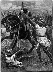 De Slag bij Evesham, 4 augustus 1265. (c1800). Evesham markeerde het einde van de Tweede Baronnenoorlog. Royalistische troepen onder leiding van Prins Edward (Edward I) versloegen Simon de Montfort (c1208-1265) die in de slag werd gedood. Hier Henry III (1 door Unknown artist
