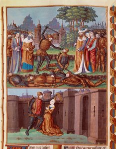 De slag van de Horatii en Curiatii. De drie Horatii van Rome ontmoeten de drie Curiatii. Verschillende gevechtsscènes