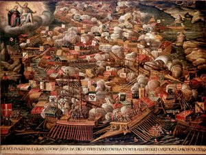 De Slag bij Lepanto voor de kust van Griekenland tussen Spaanse, Venetiaanse en pauselijke troepen tegen de Ottomanen in 1571. Anoniem schilderij. 16e eeuw. Venetië, Museo Correr door Unknown artist