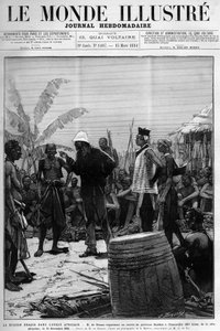 De Brazza-missie in West-Afrika: Pietro Paolo Savorgnan di Brazza of Pierre Paul Francois Camille Savorgnan de Brazza (1852-1905) organiseert een konvooi van Batekes-dragers naar Franceville (Gabon) op 14 december door Unknown artist