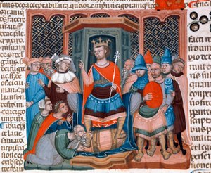 De Byzantijnse keizer Justinianus I omringd door juristen en soldaten van zijn hof. Miniatuur uit de Codex Justinianus door Unknown artist