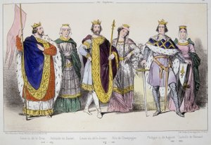 De Capetingen. Van links naar rechts: Lodewijk VI de Dikke (1081 - 1137), Adelaide of Alix van Savoye (? -1154), Lodewijk VII de Jonge (1120 - 1180), Alix van Champagne (1140-1206), Filips II Augustus (1165-1223) en Isabelle van Henegouwen (1170-1190) door Unknown artist