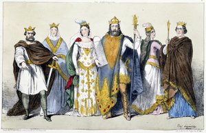 De Karolingers: Pepijn de Korte en Bertrade van Laon (Berthe aux grand pieds), Karel de Grote en Hildegarde van Vintzgau, Lodewijk de Vrome en Ermengarde van Hesbaye door Unknown artist