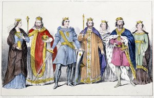 De Karolingers: Richarde (845-na 887) en Karel III de Dikke (839-888), Arnulf van Karinthië (ca. 850-899), Lodewijk IV van Overzee (920-954) en Gerberge van Germania (913-984), Lotharius IV (941-986) en Emma van Italië (948-1006) - Plaat uit Koningen en Fr door Unknown artist