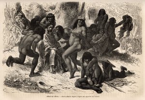 De Chunchos-indianen vielen het team van Marcoy aan, in de Caravaya-vallei (Andes-cordilliere), maar de laatsten hadden niets om te vliegen, de indianen hadden plezier met het uitkleden van de ontdekkingsreizigers en het opmaken van hen met rockoo-zaden. G door Unknown artist