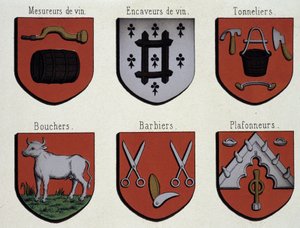 De wapenschilden van Gent (Specimen van wapenschilden uit de Middeleeuwen): Wijnmeesters, Wijnkelders, Kuipers, Slagers, Kappers, Plafonneurs door Unknown artist