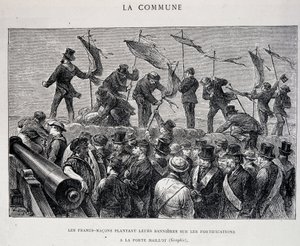 De Commune: Vrijmetselaars planten hun vlaggen op de vestingwerken bij Porte Maillot (1871) - gravure door Unknown artist