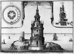 De vuurtoren van Cordouan bij Bordeaux in Gironde (33). Het huidige gebouw rijk aan beelden, kolommen, heeft een kapel en een kamer om de koning te huisvesten