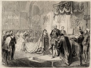 De kroning van koning Willem I in Koningsbergen in 1861 - De kroning van de koning en koningin van Pruisen in de Slotkerk Koningsbergen - Willem I van Pruisen - 1861 door Unknown artist