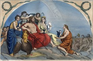 De Raad van de Goden (of Vergadering van de Goden): Zeus op Olympus omringt door godheden - Olympus gravure uit 