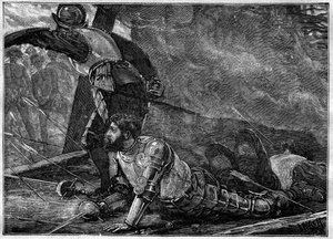 De dood van Juan de la Cosa (1460-1510) cartograaf, conquistador en Spaanse ontdekkingsreiziger in Cartagena, Colombia - gravure van 1887 door Unknown artist