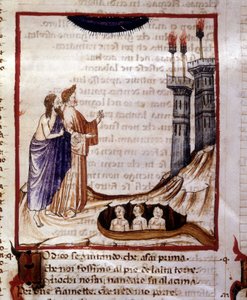 De Goddelijke Komedie van Dante Alighieri. Hel. Miniatuur die de stad Dity voorstelt. 14e eeuws manuscript. Gemeentelijke Bibliotheek van Rimini
