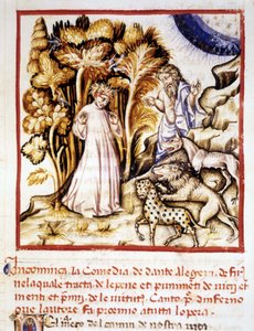 De Goddelijke Komedie van Dante Alighieri. Miniatuur die Dante, Virgil en de drie beesten afbeeldt. 14e-eeuws manuscript. Gemeentelijke Bibl. van Rimini