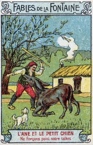 De Ezel en de Kleine Hond - Fabels van Jean de La Fontaine (1621-95) Chromolithografie van het einde van de 19e eeuw Privécollectie door Unknown artist