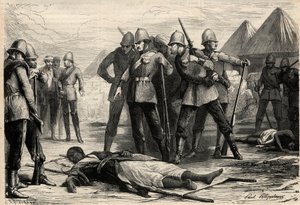 De keizer (negus) van Ethiopië Theodoros II (Tewodros) stierf op 13 april 1868 na de verovering van Magdala door de Engelsen, waar de negus zich had teruggetrokken. Gravure in 
