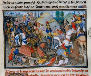 De keizer van Constantinopel Hendrik I van Vlaanderen Hainaut (1177-1216) tijdens een gevecht. Miniatuur uit 