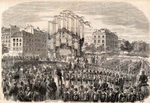 De feesten in Parijs, binnenkomst van het leger van Italië in Parijs, triomfboog op de Place de la Bastille, voorstellende de voorgevel van de kathedraal van Milaan - Terugkeer van de troepen na het Risorgimento, Parijs door Unknown artist