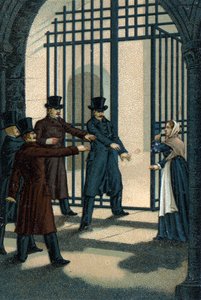 De vier sergeanten (Bories, Pomier, Raoulx en Goudin) van La Rochelle beschuldigd onder de Restauratie van het willen omverwerpen van de monarchie en geguillotineerd in 1822. Hun misdaad is het behoren tot de Charbonnerie (Carboneria). door Unknown artist