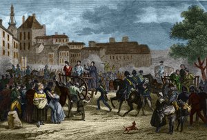 De Vier Sergeantjes naar het schavot geleid: de Vier Sergeantjes (Bories, Pomier, Raoulx en Goudin) van La Rochelle beschuldigd onder de Restauratie van het willen omverwerpen van de monarchie en geguillotineerd in 1822. Hun misdaad is het behoren tot de C door Unknown artist