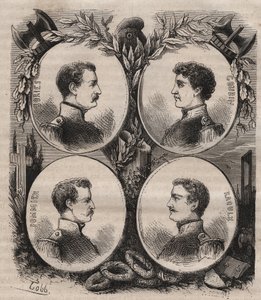 De Vier Sergenten (Jean Francois Bories, Jean Joseph Pommier, Marius Claude Raoulx en Charles Goubin) van La Rochelle beschuldigd onder de Restauratie van het willen omverwerpen van de monarchie en geguillotineerd in 1822 door Unknown artist
