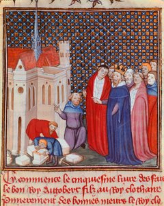De Frankische koning Dagobert I (603/608-639) van de Merovingische dynastie houdt toezicht op de bouw van een gebouw. Miniatuur uit 