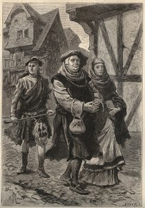 De handschoenmaker begeleidt zijn dochter naar de kerk - 19e eeuw illustratie voor de historische roman 