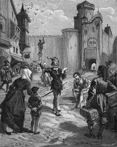 De Duitse ridder, dichter en humanist Ulrich von Hutten (1488-1523) declameert een van zijn gedichten op straat. Gravure uit de 19e eeuw. In 
