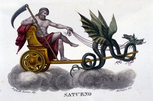 De god Saturnus (of Cronos) op een wagen getrokken door twee draken. Naar een illustratie van Raffaello Sanzio. Gravure uit de 19e eeuw