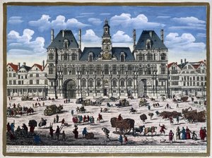 Het Hôtel de Ville de Paris en zijn plein in de 16e eeuw - gravure door Unknown artist