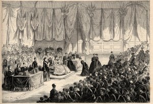 De keizerin Eugenie de Montijo (1826-1920) presideert over de prijsuitreiking aan de keizerlijke instelling van het Legioen van Eer in Saint Denis. Gravure in 
