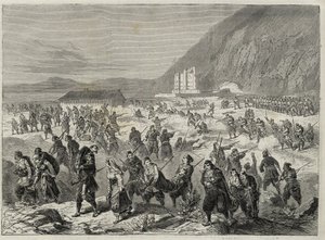 De opstand in Dalmatië (de Bocche di Cattaro) - opstand tegen de dienstplicht opgelegd door de Oostenrijkse regering - DALMATIË GEBEURTENISSEN. OPSTANDIGEN AANVALLEN HET STAATSTRINITA FORT, NABIJ CATARO (Bouches van Kotor) - Baai van Kotor - 1869. door Unknown artist