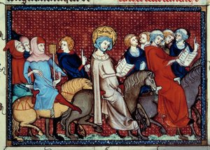 De koning van Frankrijk Louis IX (Saint Louis) (1214-1270) te paard vertelde zijn kapelaans zijn uren. Miniatuur uit een manuscript 