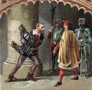 De koning van Frankrijk Lodewijk XII heeft Ludovic Marie Sforza, bekend als de More, opgesloten in het kasteel van Loches, in Touraine. Chromolithografie uit de late 19e eeuw. door Unknown artist
