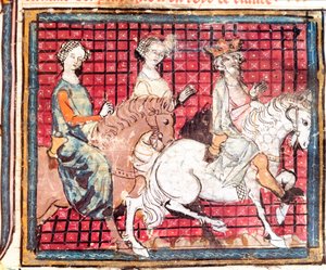 De koning van de Franken Chilperic I (543-597) en Fredegonde te paard. Miniatuur uit 