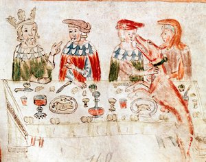 De koning van de Franken Pepijn III de Korte (714-768) en zijn zoon Karel de Grote aan een banket. Miniatuur uit een 12e-eeuws manuscript door Unknown artist