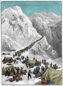 De Klondike Gold Rush - Goudzoekers die de Chilkoot Pass oversteken tijdens de Alaskaanse Gold Rush door Unknown artist