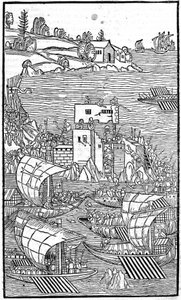 De Ridders van Rhodos (de Orde van de Hospitaalridders van Sint-Jan van Jeruzalem) vallen Rhode Island aan in "Rhodiorum Historia" door Guilelmus Caorsin, Ulmae, Joh. Reger 24 oktober door Unknown artist